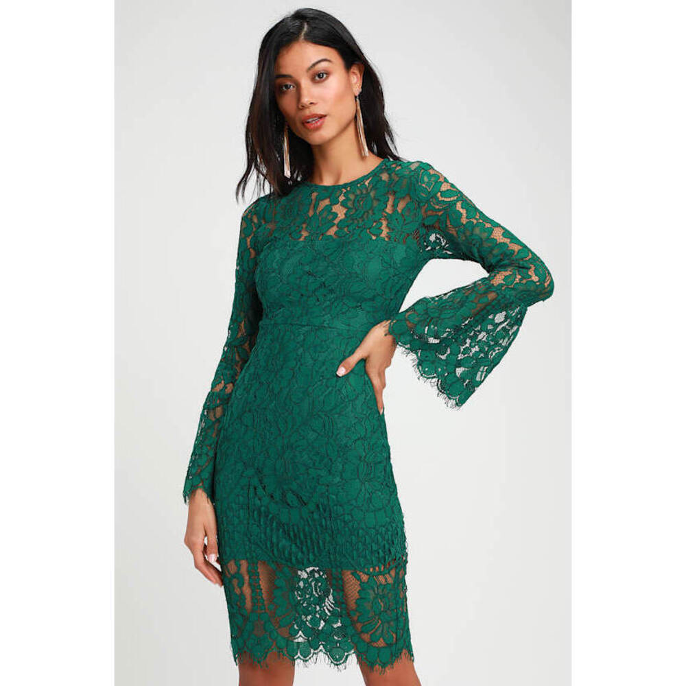 Lulus Enrapturing Elegance Green Lace Long Sleeve Midi Dress - Size XS
